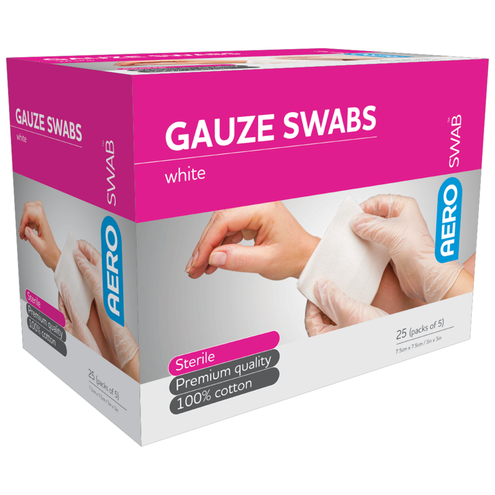 AEROSWAB Sterile White Gauze Swab 7.5 x 7.5cm (Packs of 5) Box/25 Image