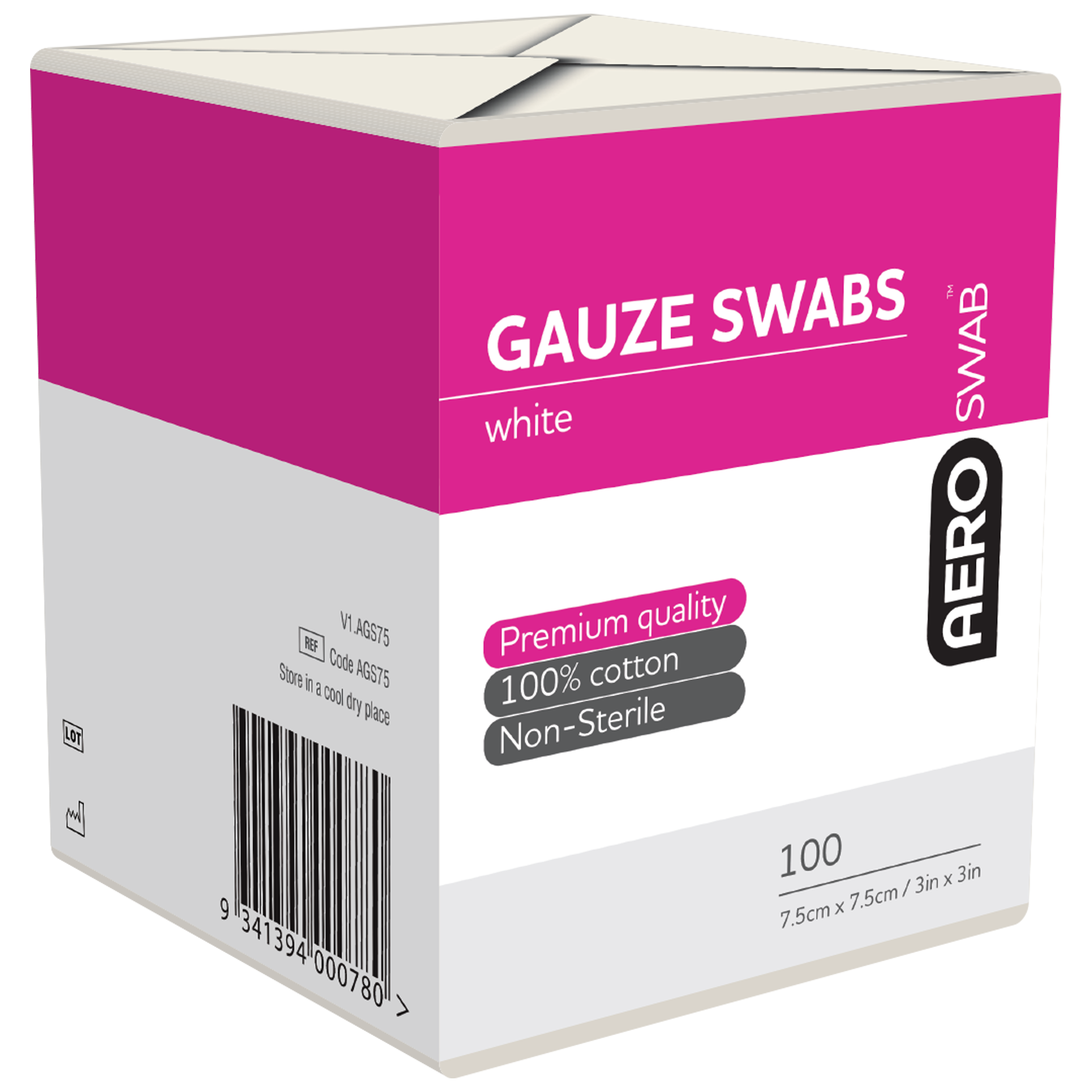 AEROSWAB Non-Sterile White Gauze Swab 7.5 x 7.5cm (8PLY) Pack/100 Image
