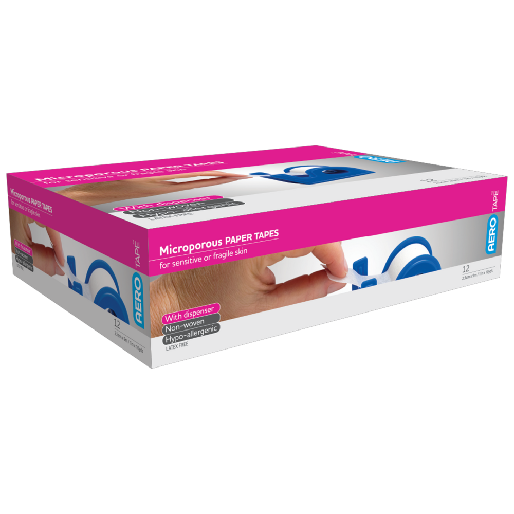 AEROTAPE White Microporous Paper Tape with Dispenser 2.5cm x 9.1M Box/12 Image