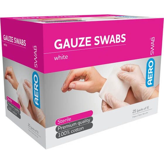 AEROSWAB Sterile White Gauze Swab 7.5 x 7.5cm Box/25 (Packs of 5)>