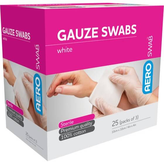 AEROSWAB Sterile White Gauze Swab 10 x 10cm Box/25 (Packs of 3)>