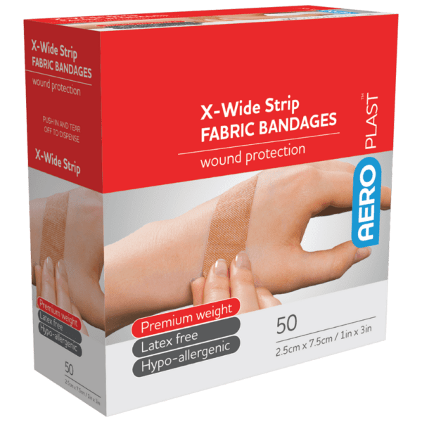 AEROPLAST Premium Fabric X-Wide Strip 7.5 x 2.5cm Box/50 - Customers also search for: bandaid,fabric strip,First Aid Only H119 3/4"x3" Heavy Woven Fabric Bandages,100/box,Medique 61433 7/8" x 3" Flexible HW Strip Bandages,Trafalgar 42510 ELASTOPLAST FABRIC STRIPS PK100,P13 P13,Adhesive Plasters,Fabric,72 x 19mm,100pk,44003 Bandaid  Dressing Strip 7.5cm x 1m,BAF501 AEROPLAST Fabric Dressing Strips 100 pack