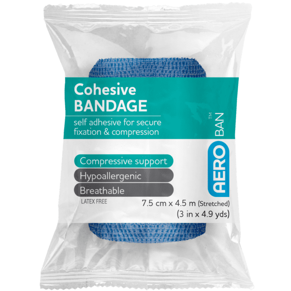 AEROBAN Blue Cohesive Bandage 7.5cm x 4.5M Wrap/12 - Customers also search for: CoWrap COB051 CoWrap Cohesive Bandage,E.Z. BAN ECB1581-BC E.Z. Ban Wrap Cohesive Elastic Bandage,2.5cm x 2 metres stretch to 4.5 metres,Blue,Each,E.Z. Ban ECB1581-B E.Z. Ban Wrap Cohesive Elastic Bandage,30 per Box,Trafalgar 21581B COBAN 25MMX2M COHESIVE BLUE,PP701 Ez Ban Cohesive Bandage White 2.5cmx4.5m Stretched