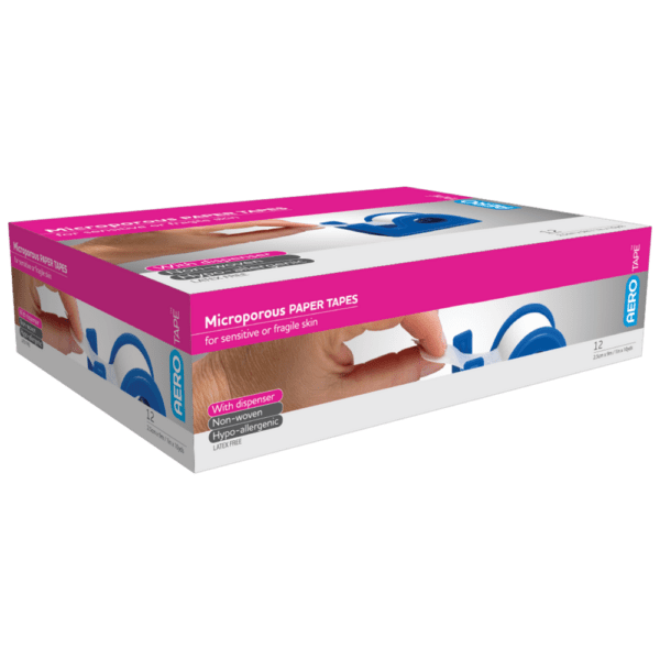 AEROTAPE White Microporous Paper Tape with Dispenser 2.5cm x 9.1M Box/12 - Customers also search for: surgical tape,3M 1530-A 3M Micropore Surgical Paper Tape,Latex Free,12mm x 9.1 metres,Biodegradable,White Colour,24 per Box,3M 70071360070 Nexcare P/T 529 P1/2 12.5mm x24 Tan,3M 70071221686 Nexcare P/T P1/2 12.5mm x24,Livingstone TSLP13X9DIS Liv-Pore Premium Microporous Biodegradable Surgical Paper Tape,13mm x 9 metres,12 Dispensers per Box,Medstock MS125PHA MedStock MprsSurgTape1.25cmx9.1mx24,Sentry HYP001 Paper Tape,54950 Tape Paper  2.5cm x 9.1m,10108111 S+M Hypoallergenic Paper Tape Surgipore,10401001 Hypoallergenic Paper Tape 1.25cm